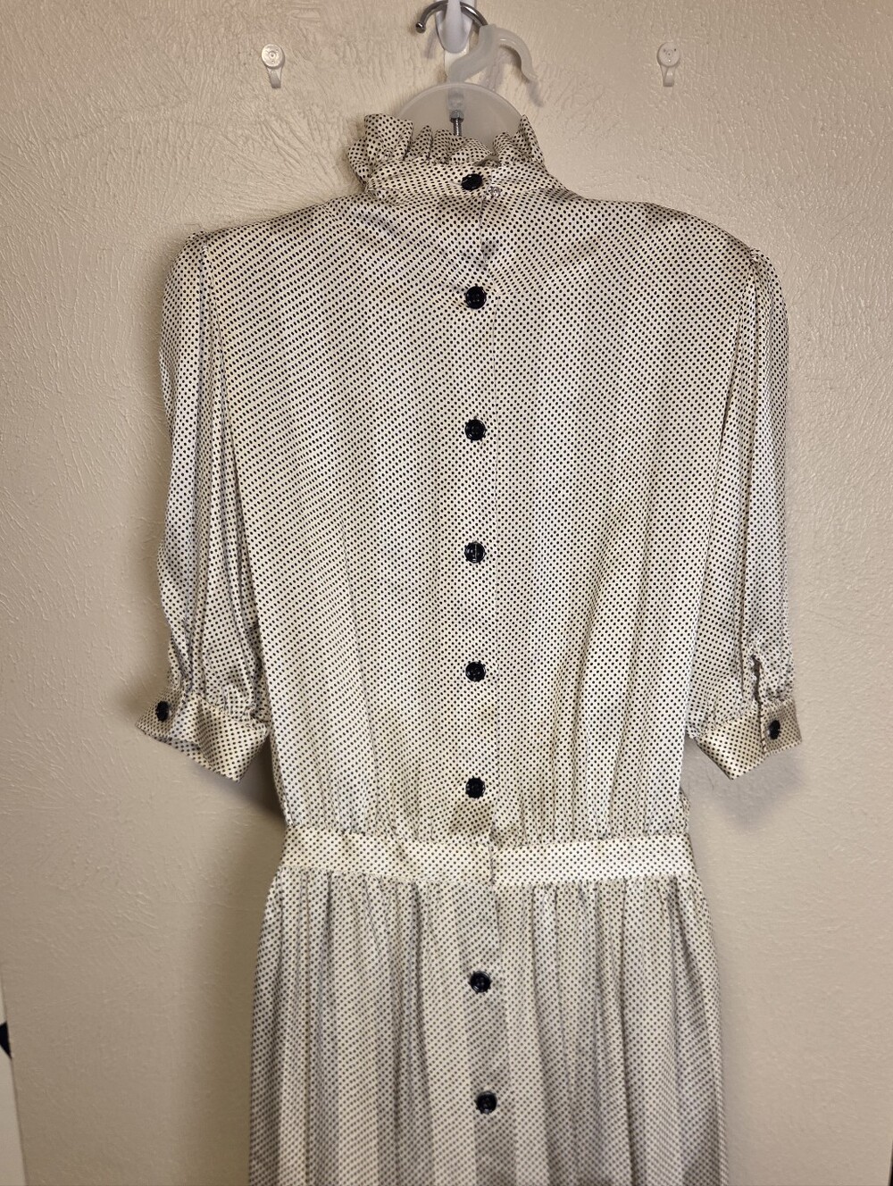 Vintage Albert Nipon Silk Polka Dot Feminine Secretary Dress Ruffle High Neck 10 - Picture 7 of 14